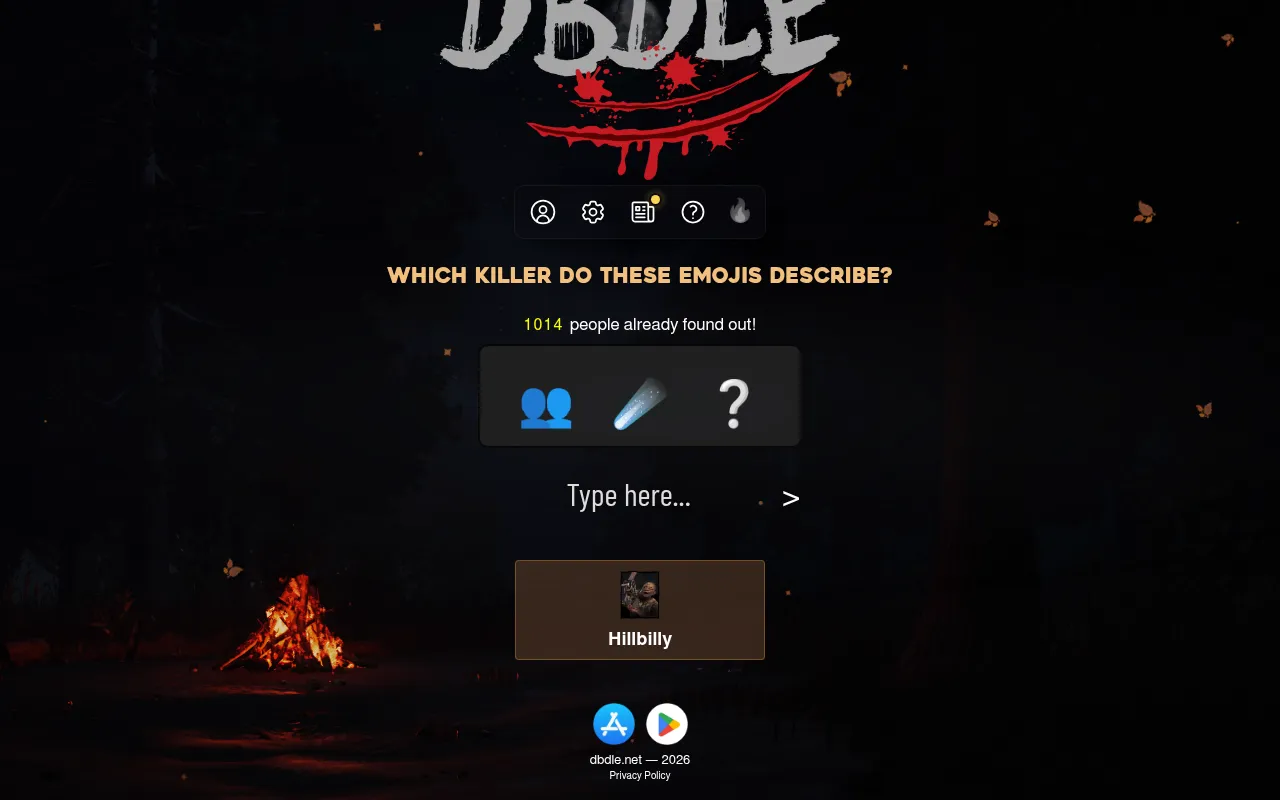 DBDle Emoji mode: three emoji clues for the day's killer above the guess box, with a first guess, the Hillbilly, below