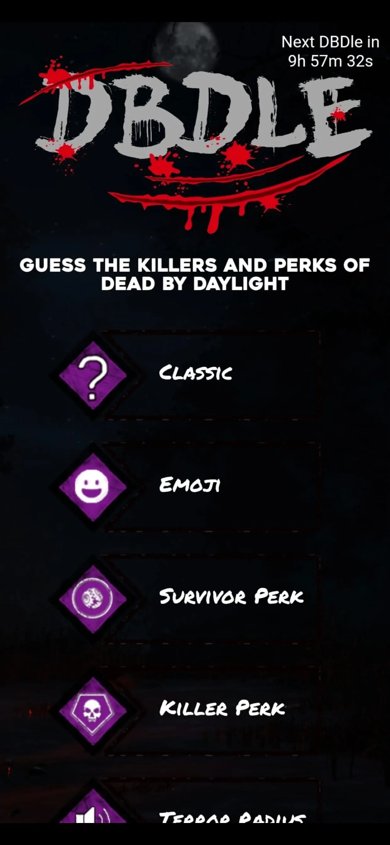 DBDle menu with Classic, Emoji, Survivor Perk, Killer Perk and Terror Radius modes and a countdown