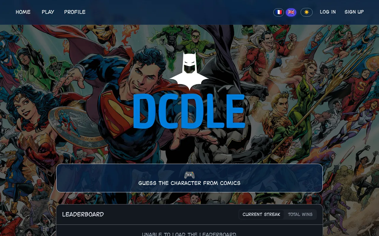 DCdle home: the DCDLE logo with a bat emblem over a crowd of DC heroes, the Guess the Character from Comics mode and a streak leaderboard