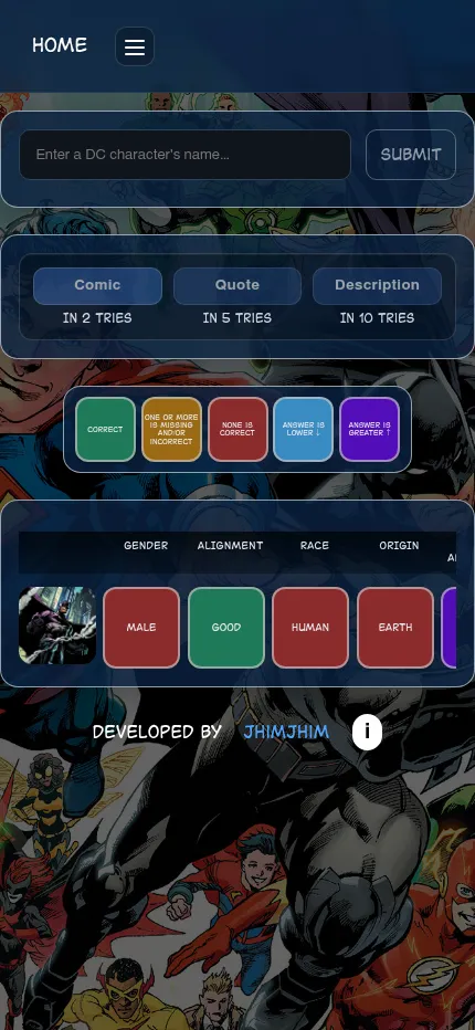 DCdle on a phone: the name box, the three hint buttons, the colour key and a guessed row of tiles that scrolls sideways