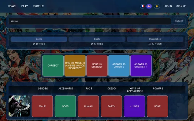 Today's DCdle board after one guess: Batman's row of tiles for gender, alignment, race, origin, year of appearance and powers, below the colour key and the comic, quote and description hints