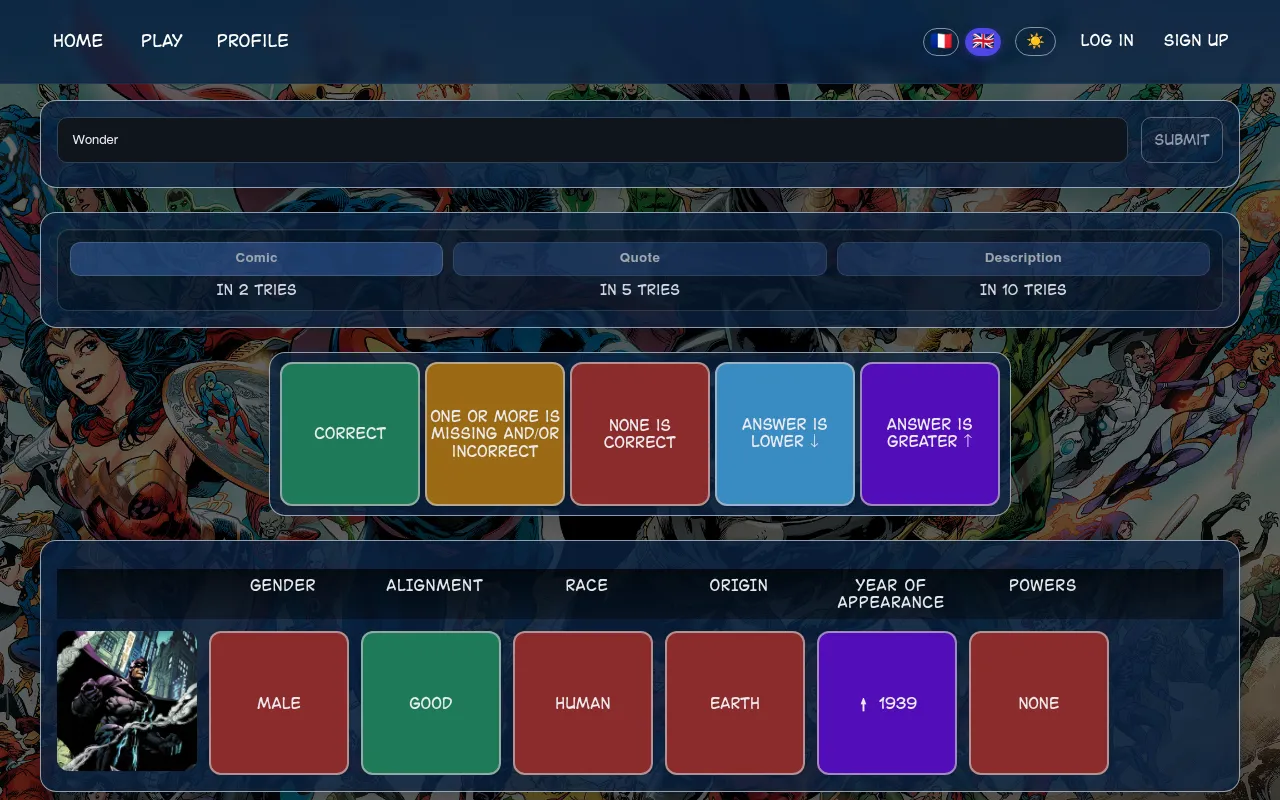 Today's DCdle board after one guess: Batman's row of tiles for gender, alignment, race, origin, year of appearance and powers, below the colour key and the comic, quote and description hints