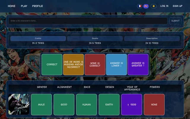 A DCdle game after one guess: Batman's row of tiles for gender, alignment, race, origin, year of appearance and powers, under the comic, quote and description clue counters
