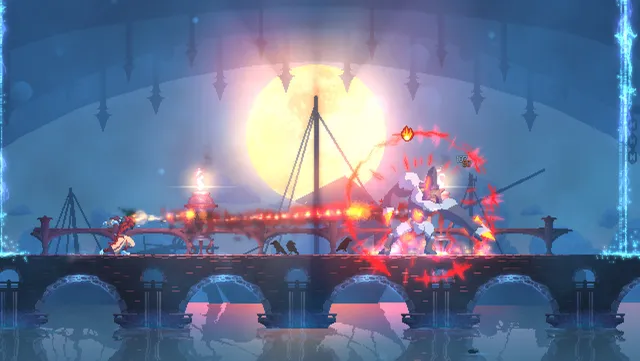 Dead Cells gameplay: the hero fires a flaming attack across a stone bridge at a large enemy, under a full moon