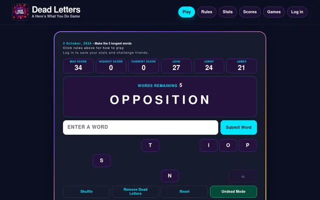 The Dead Letters puzzle for 3 October 2026: the ten-letter word OPPOSITION with five words remaining, score boxes, a word entry box, scattered letter tiles and Shuffle, Remove Dead Letters, Reset and