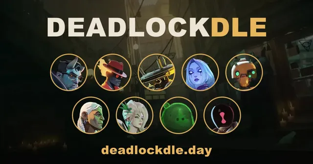 DEADLOCKDLE share art: the game's name above round portraits of nine Deadlock heroes, with deadlockdle.day below