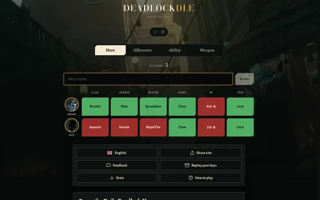 DEADLOCKDLE's Hero mode with two guesses, Abrams and Haze: class, gender, weapon, range, HP and year cells in green and red, with up arrows on HP