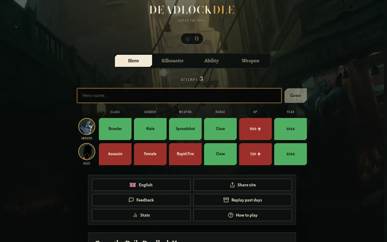 DEADLOCKDLE's Hero mode with two guesses, Abrams and Haze: class, gender, weapon, range, HP and year cells in green and red, with up arrows on HP