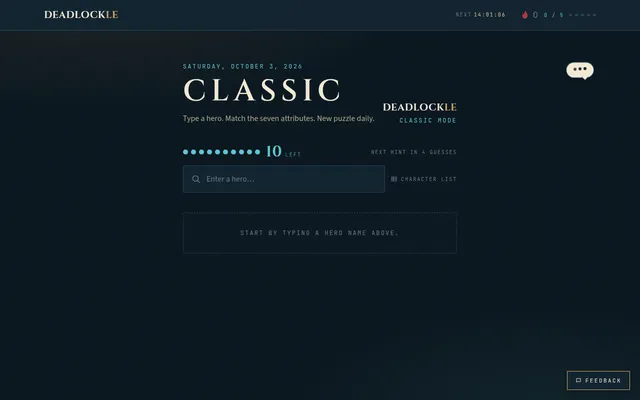 Deadlockle Classic mode for Saturday, October 3, 2026: ten guesses left, a hero search box and a countdown to the next puzzle