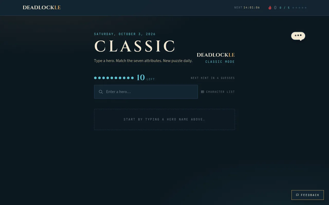 Deadlockle Classic mode for Saturday, October 3, 2026: ten guesses left, a hero search box and a countdown to the next puzzle