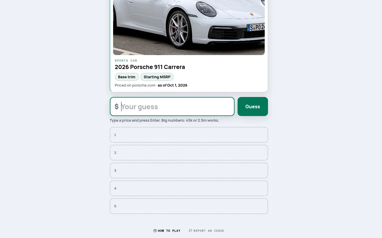 Dealer card on mindloftdaily.com: a white 2026 Porsche 911 Carrera, base trim starting MSRP, with a price box and five empty guess slots
