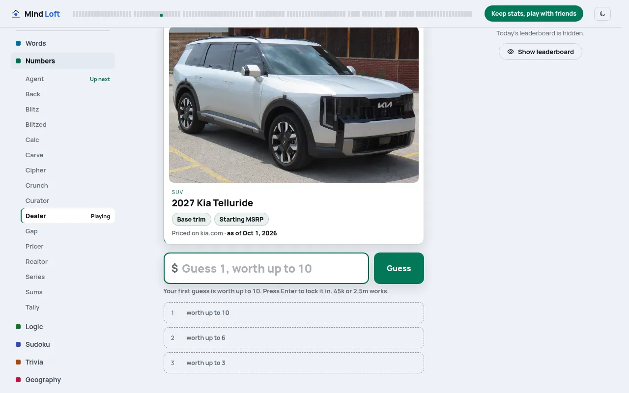 Dealer on mindloftdaily.com, 19 Oct 2026: a silver 2027 Kia Telluride SUV, base trim starting MSRP priced on kia.com, a dollar guess box and three slots worth up to 10, 6 and 3