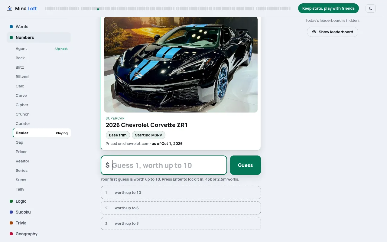 Dealer on mindloftdaily.com: a black 2026 Chevrolet Corvette ZR1, base trim starting MSRP from chevrolet.com, a dollar guess box and three guess slots worth up to 10, 6 and 3