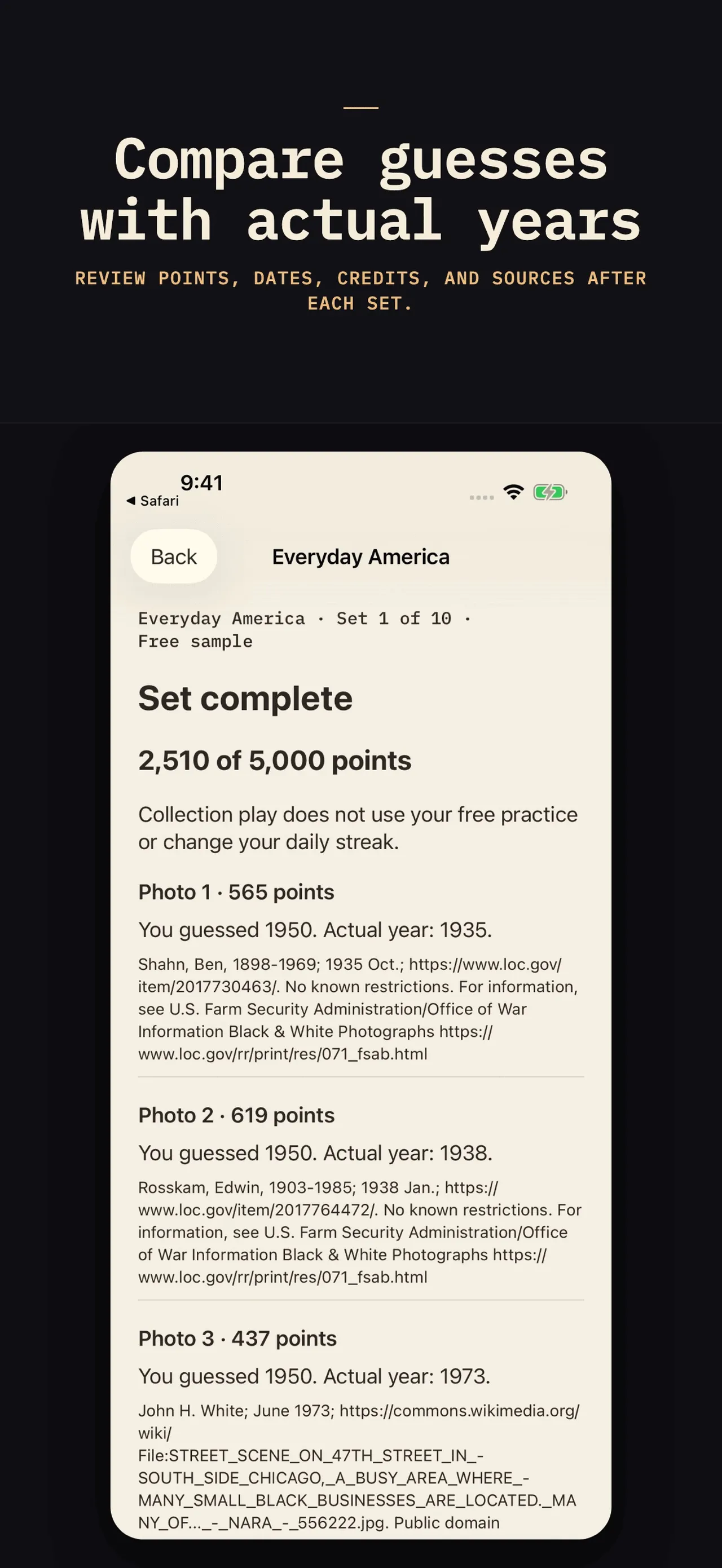 Decade iPhone app results screen comparing each guessed year with the actual year, with points and photo credits