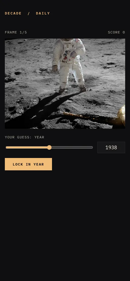 Decade at phone size: the same lunar photo above the year slider, the year box and the Lock in year button