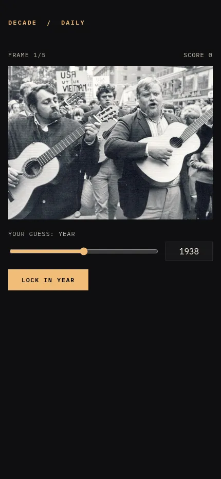 Decade at phone size on 30 October 2026: the guitar players' protest photo above the year slider, the year box and the Lock in year button