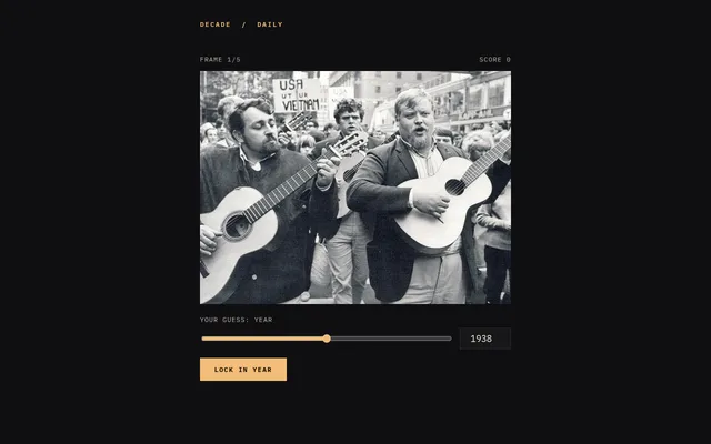 Decade's daily web puzzle No. 145 on frame 1 of 5: folk singers with guitars at an anti-Vietnam War march, the year slider at 1938 and a Lock in year button below