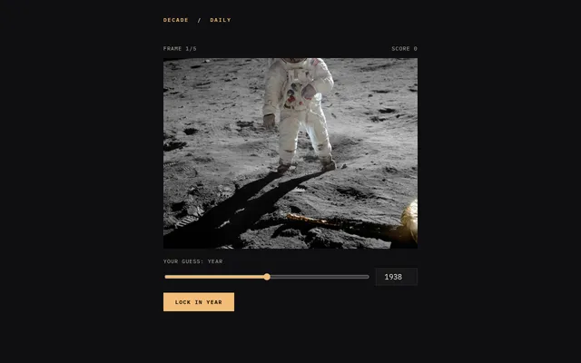 Decade's daily web puzzle No. 141 on frame 1 of 5: an Apollo astronaut on the lunar surface, with the year slider at 1938 and a Lock in year button below