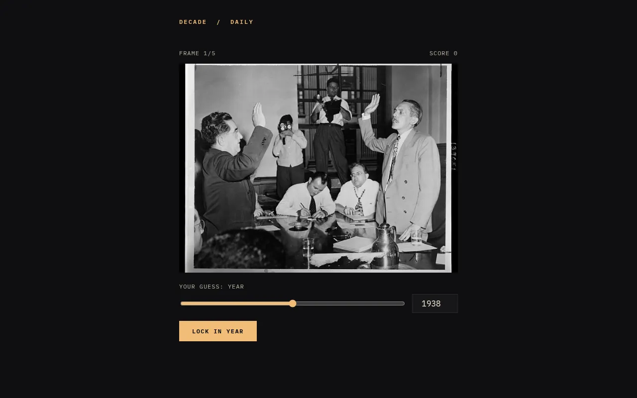 Decade's daily web puzzle on frame 1 of 5: a black and white photo of men taking an oath at a table, with the year slider set to 1938 and a Lock in year button