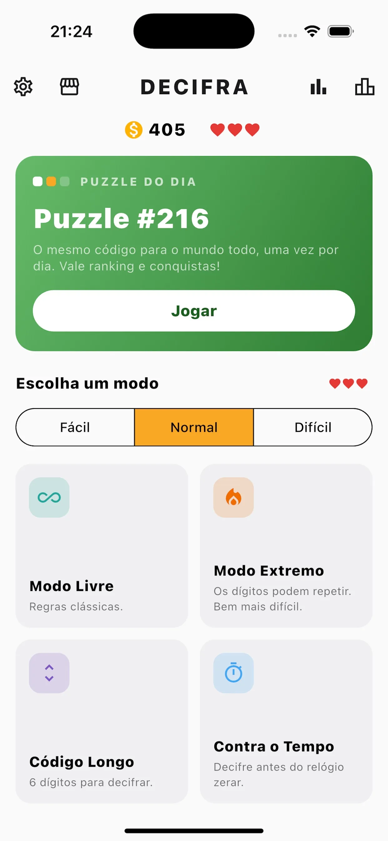 Decifra home screen in Portuguese with the Puzzle do dia card for Puzzle #216 and Free, Extreme, Long Code and Time Attack modes