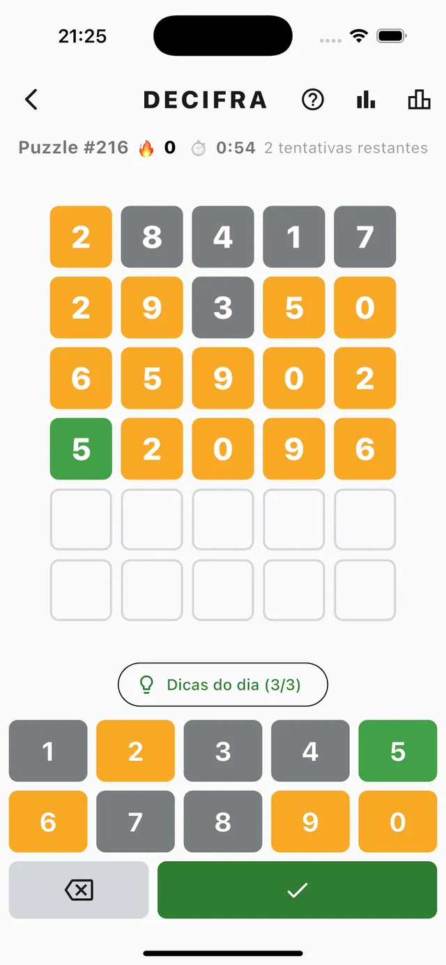 Decifra Puzzle #216 board with four guessed five-digit codes in green, yellow and grey, two tries left, above a coloured number pad
