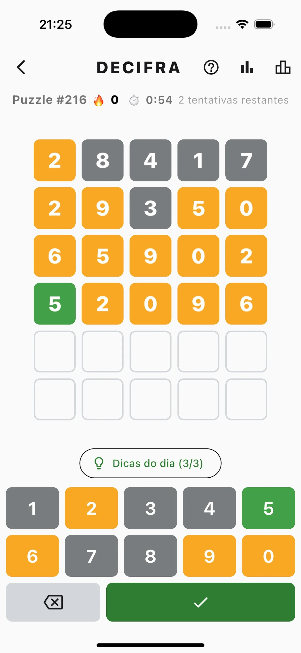 Decifra Puzzle #216 board with four guessed five-digit codes in green, yellow and grey, two tries left, above a coloured number pad
