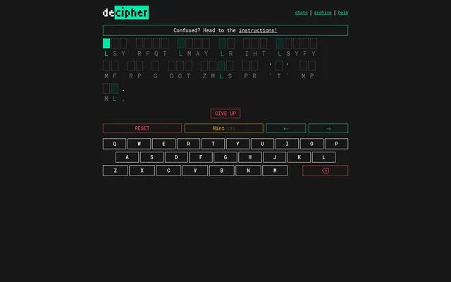 Decipher's board for 28 October 2026 (#862): a coded quotation in three lines of empty boxes over grey cipher letters, with Give Up, Reset, Hint (3) and an on-screen keyboard