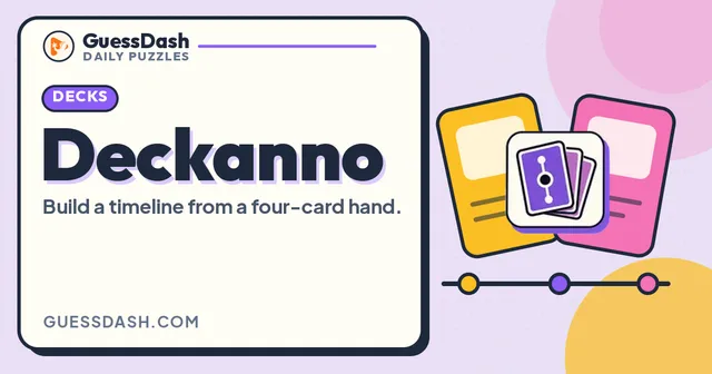 Deckanno card from GuessDash: Build a timeline from a four-card hand, with illustrated cards and a timeline
