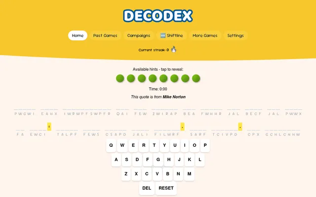 Decodex daily puzzle on the website: an encrypted quotation by Mike Norton in cipher letters with blank lines above each word, eight hint buttons, a timer and an on-screen keyboard