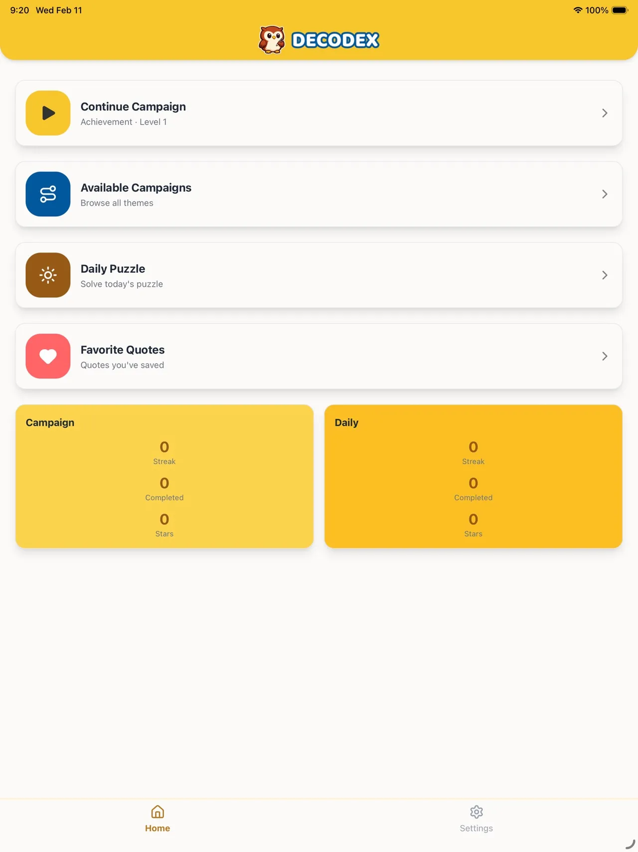 Decodex home screen on iPad: Continue Campaign, Available Campaigns, Daily Puzzle and Favorite Quotes, with streak and star counts for Campaign and Daily