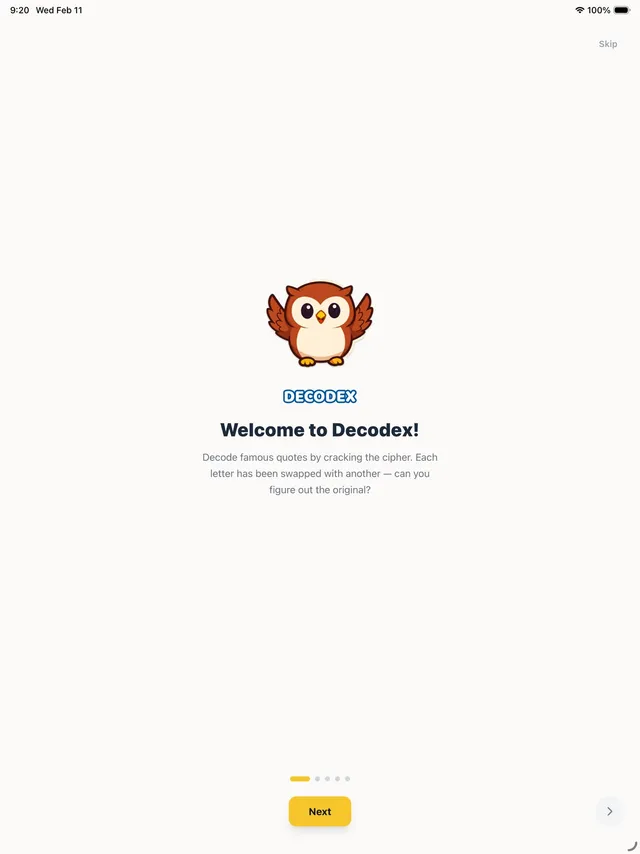 The Decodex welcome screen on iPad, with its owl mascot and a one-line description of the cipher