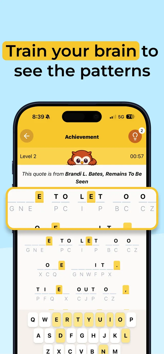 Decodex on iPhone mid-puzzle: a quote by Brandi L. Bates in cipher letters, some words decoded, with a timer, a hint bulb and a keyboard below