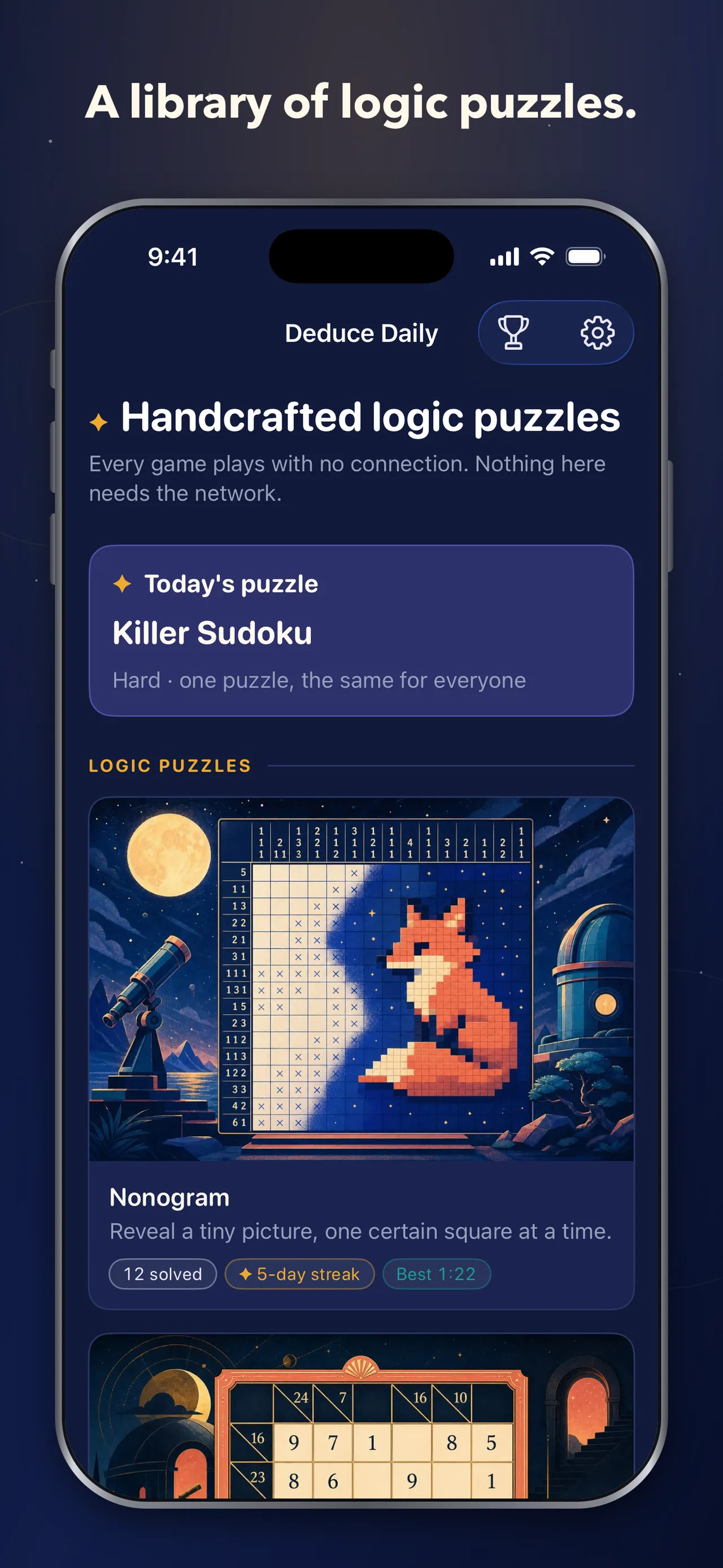Deduce Daily's home screen with Today's puzzle, a hard Killer Sudoku, above the Nonogram card