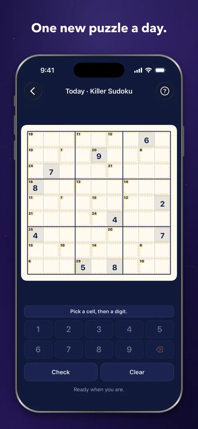 Deduce Daily's Today puzzle, a Killer Sudoku with dotted cages and sums, and a digit pad below