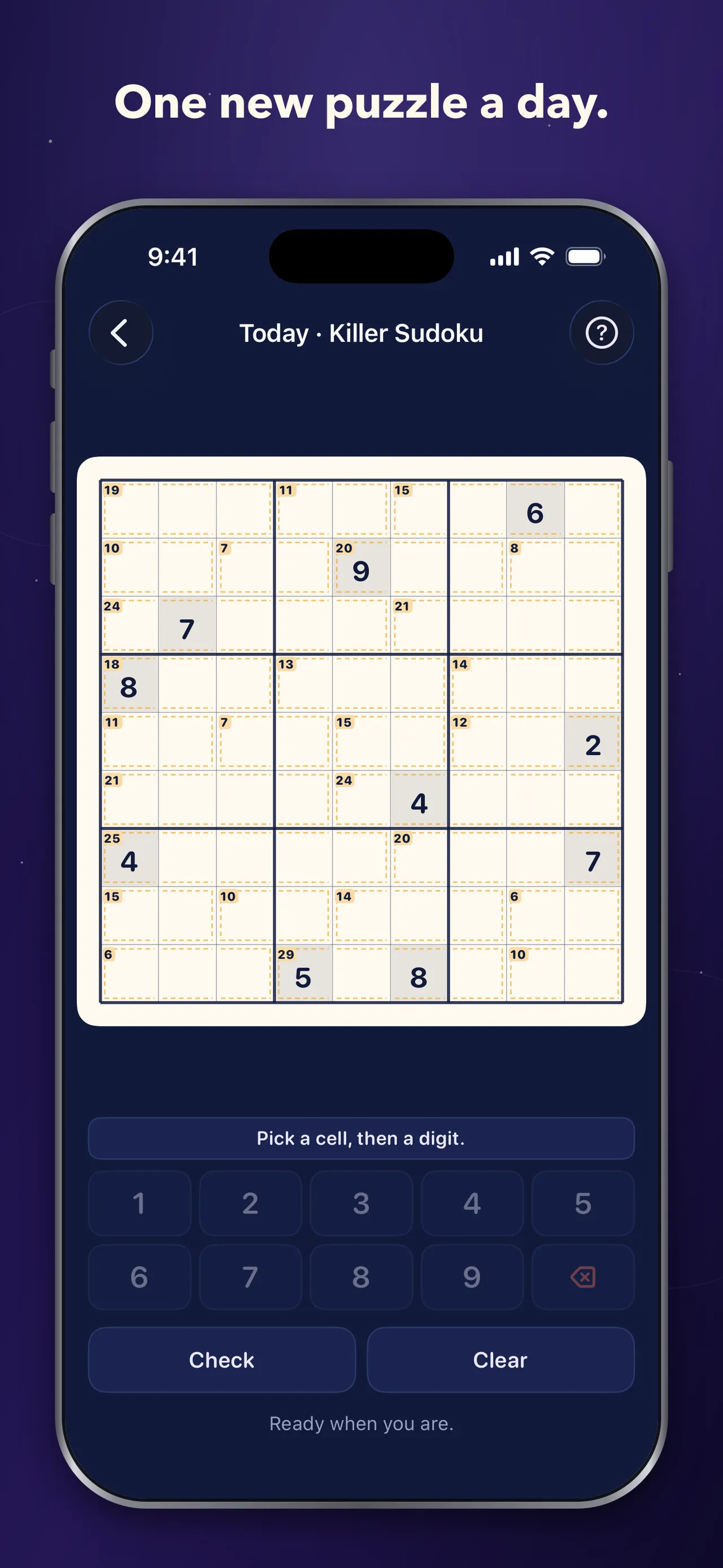 Deduce Daily's Today puzzle, a Killer Sudoku with dotted cages and sums, and a digit pad below