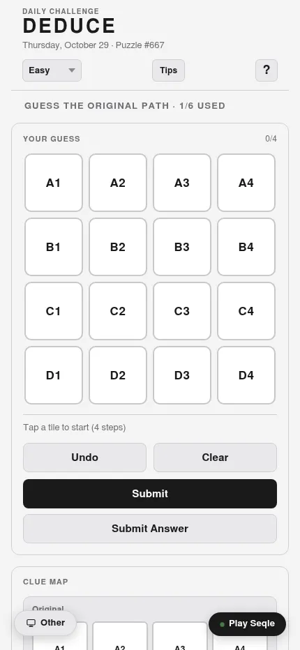 Deduce Puzzle #667 at phone size: the 4x4 grid of tiles fills the screen above the Submit buttons and the clue map, one of six guesses used