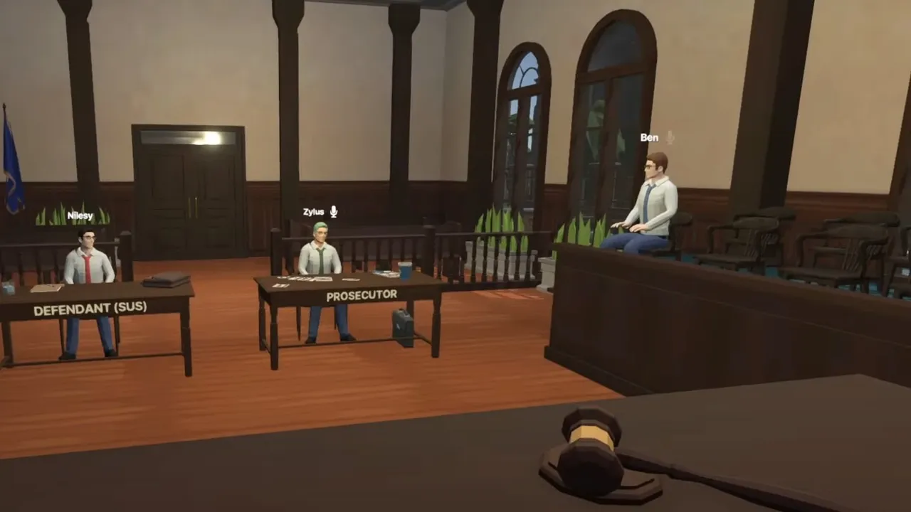 Deducto 2: a courtroom meeting with players at the defendant and prosecutor desks and a judge at the bench