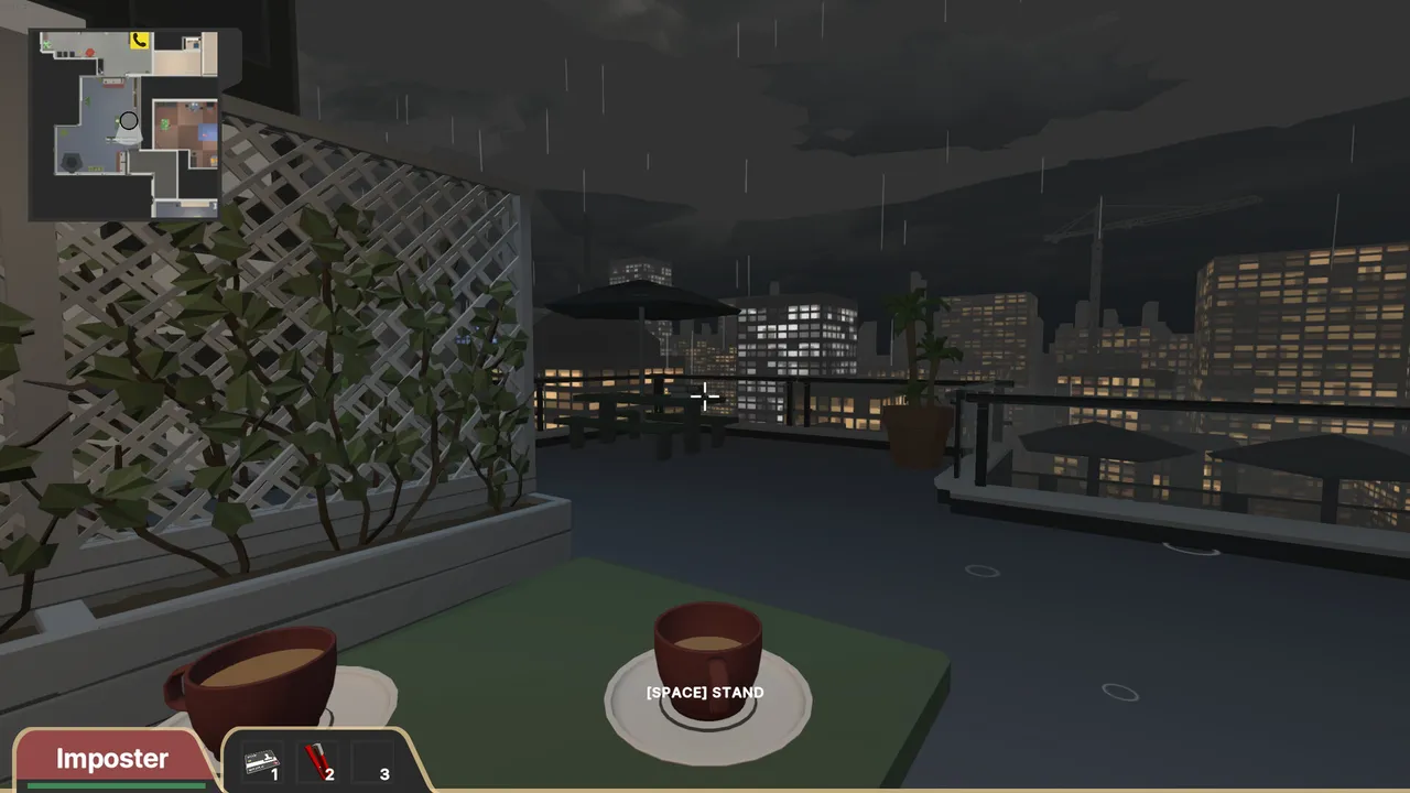 Deducto 2: a rainy rooftop terrace at night with coffee cups on a table and the city skyline behind