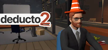 Deducto 2 key art from its Steam page: the logo beside a bearded office worker wearing a traffic cone as a hat