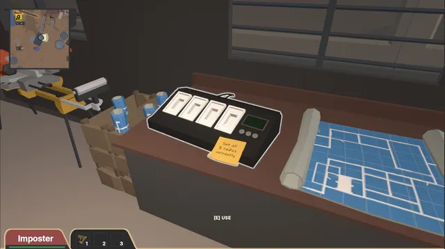 Deducto 2 gameplay as the imposter: a workbench with a radio-tuning task, blueprints and a minimap in the corner