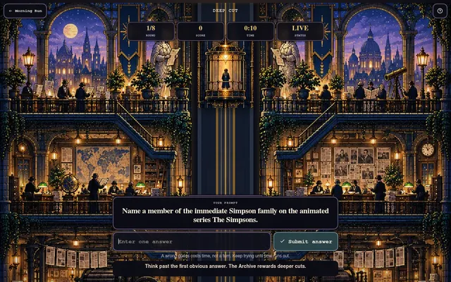 Deep Cut round 1 of 8, 0:10 left: the prompt Name a member of the immediate Simpson family, an answer box and Submit button over a pixel-art archive