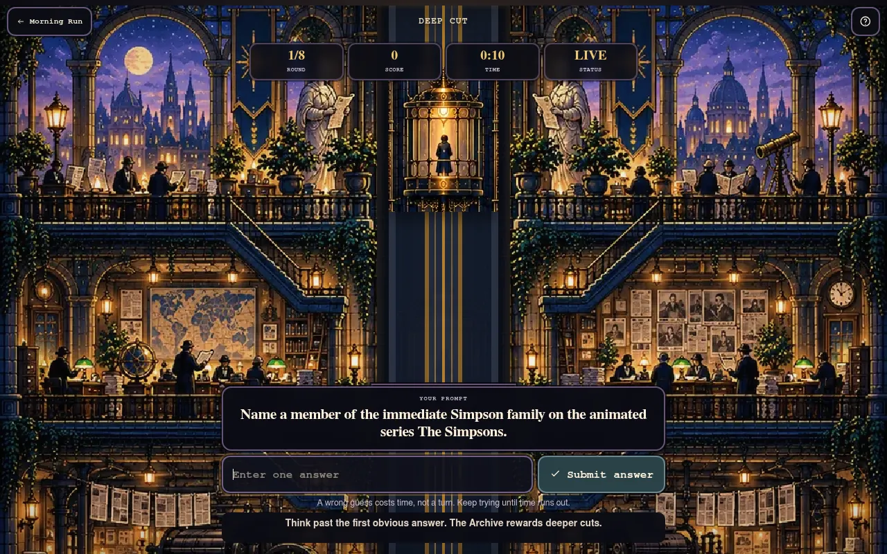 Deep Cut round 1 of 8, 0:10 left: the prompt Name a member of the immediate Simpson family, an answer box and Submit button over a pixel-art archive