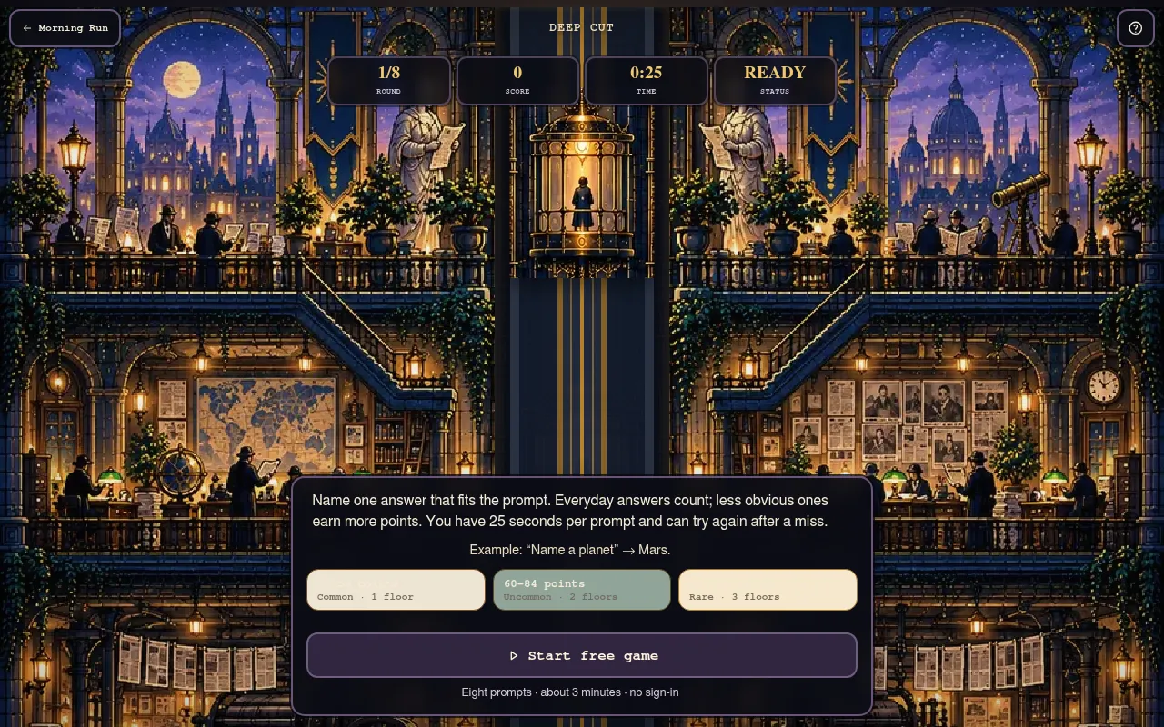 Deep Cut start card: answer one prompt, rarer answers earn more, 25 seconds each, with Common, Uncommon and Rare point bands and a Start free game button