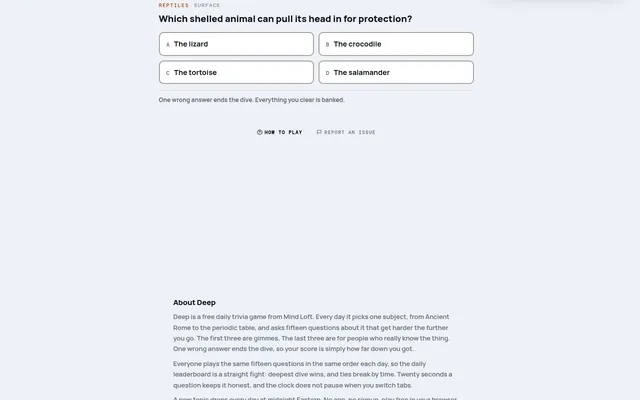Deep question on mindloftdaily.com, topic Reptiles: which shelled animal can pull its head in for protection, with lizard, crocodile, tortoise and salamander as options