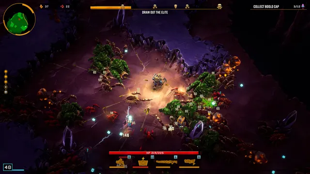 Deep Rock Galactic: Survivor: a dwarf surrounded by green and red alien bugs in a purple cave, with a minimap and the objective Draw out the Elite