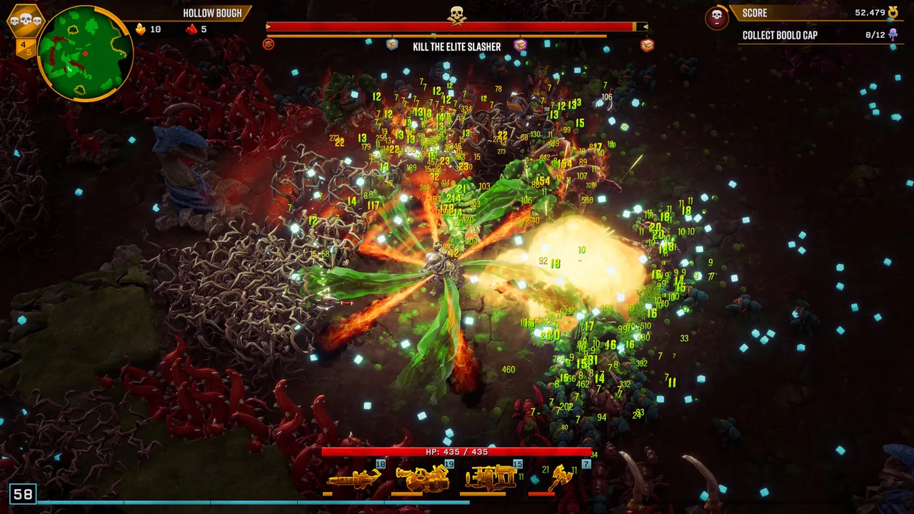 Deep Rock Galactic: Survivor: fire and green blasts filling the screen around a dwarf during the Kill the Elite Slasher fight in Hollow Bough