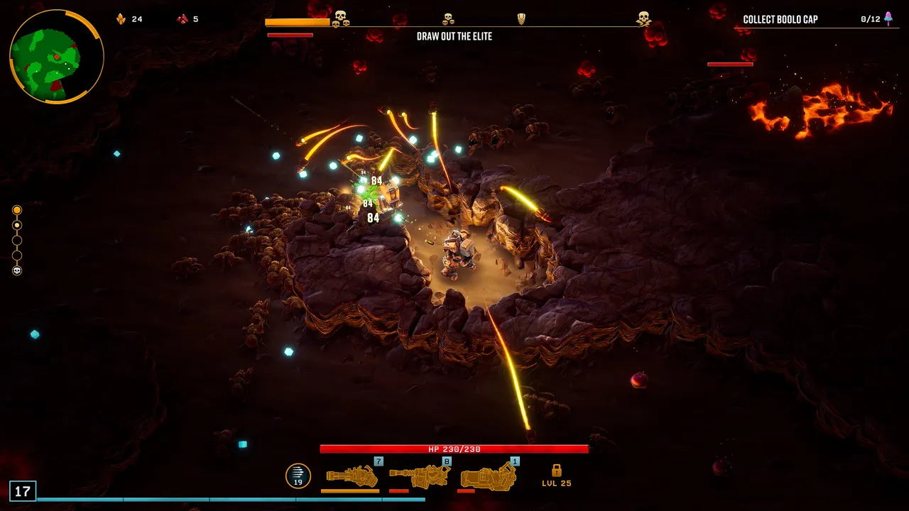 Deep Rock Galactic: Survivor: a dwarf firing in a small cleared chamber of dark rock with lava glowing at the edge