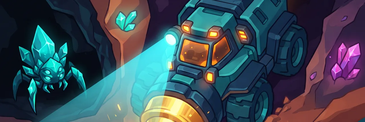 Deepcore Rivals banner art of the drilling rig and a crystal creature in a cave
