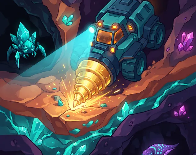 Deepcore Rivals cover art: a drilling rig with a golden drill bit cutting through rock past glowing crystals and a crystal spider