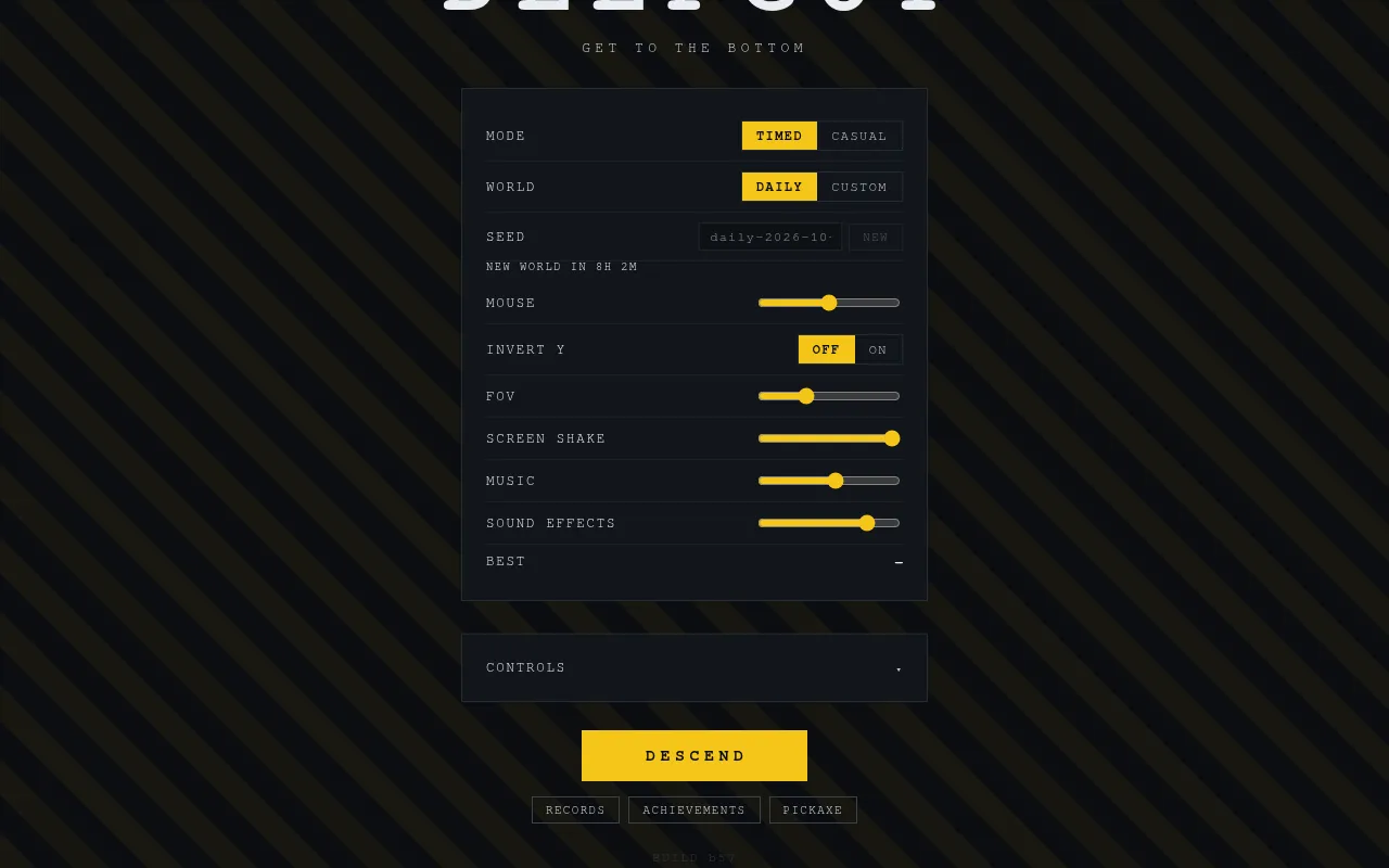 The Deepcut menu: Timed or Casual mode, Daily or Custom world, the daily seed with New world in 8h 2m, sliders for mouse, FOV and sound, and a Descend button